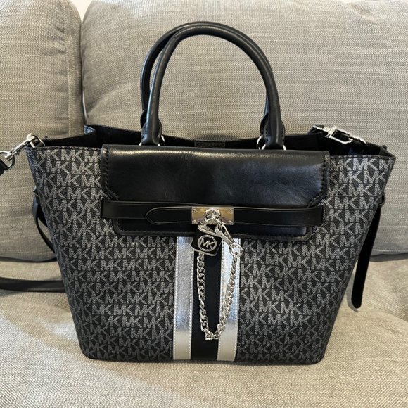 Michael Kors Monogram Canvas Tote - Black Leather Trim - Picture 1 of 10